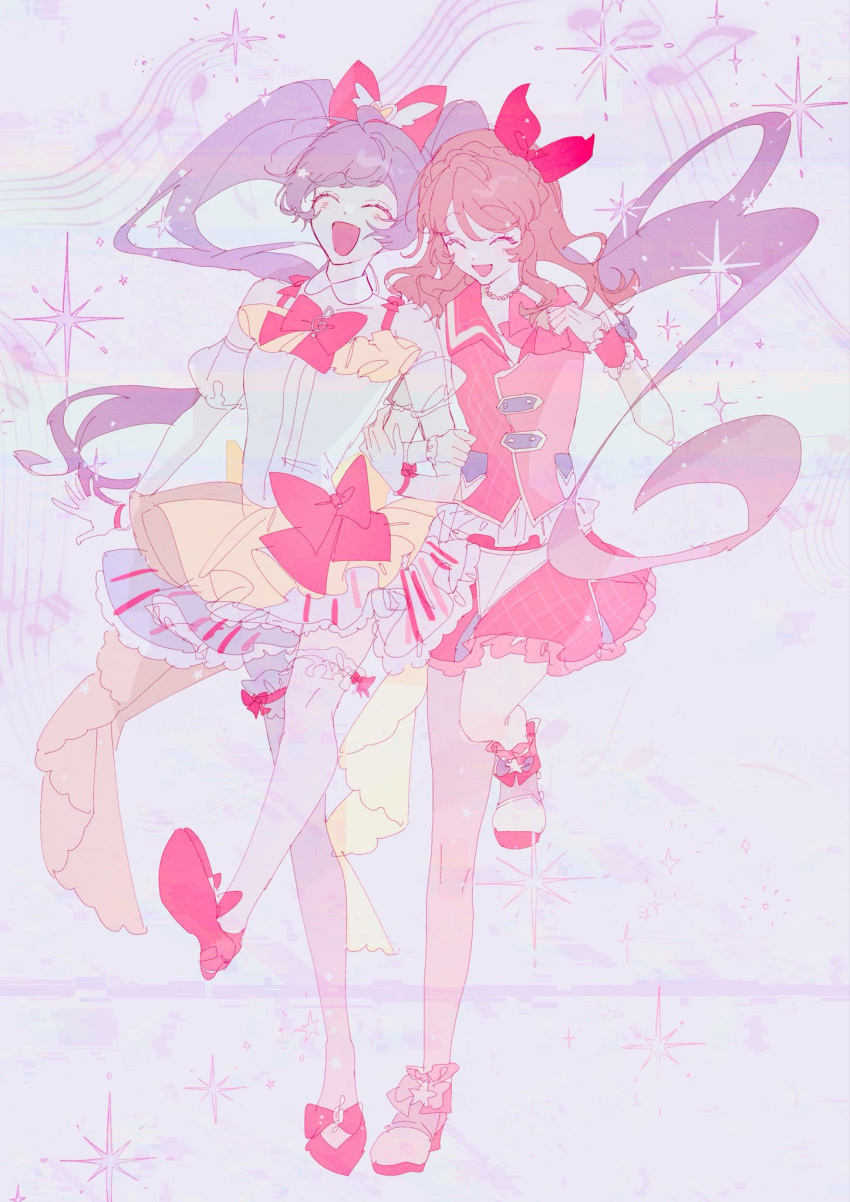 2girls, :d, aikatsu!, aikatsu!_(series), aikatsu!_x_pripara_the_movie_-deai_no_kiseki!-, bare_shoulders, bow, braid
