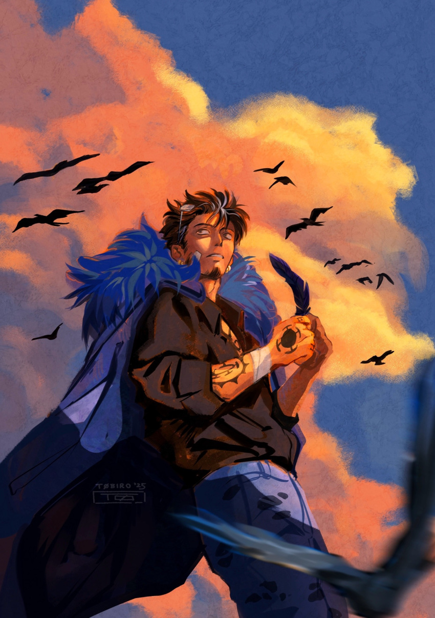 1boy, arm_tattoo, bandaid, bandaid_on_face, bird, black_cape, black_hair, black_shirt, blue_boa, blurry, blurry_foreground, brown_eyes, cape, chest_tattoo, clouds, cloudy_sky, cowboy_shot, denim, earrings, eyewear_on_head, facial_hair, feathers, goatee, hand_tattoo, highres, holding, holding_feather, jeans, jewelry, male_focus, multiple_earrings, one_piece, pants, parted_lips, shirt, short_hair, sideburns, sky, soaked-doors, sunset, tattoo, trafalgar_law