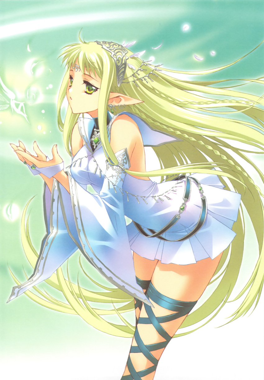 :o, artbook, blonde_hair, braid, carnelian, copyright_request, detached_sleeves, elf