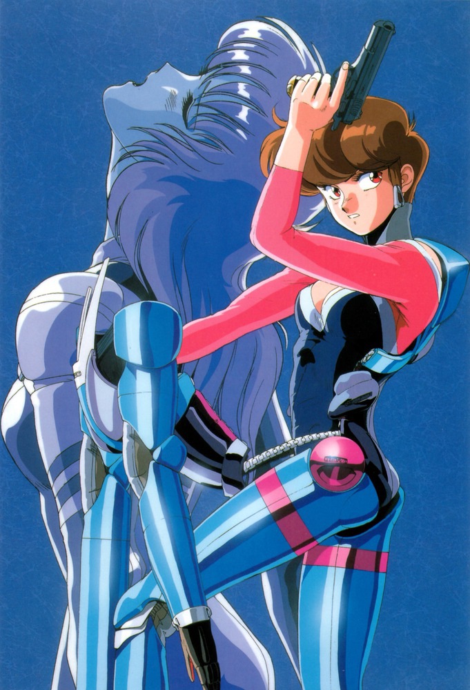 2girls, 80s, bodysuit, brown_hair, bubblegum_crisis, closed_eyes, cyberpunk, eyes_closed, gun, long_hair, mecha, multiple_girls, official_art, oldschool, pistol, power_armor, priscilla_asagiri, red_eyes, science_fiction, simple_background, sonoda_kenichi, sylvie_(bubblegum_crisis), trigger_discipline, weapon