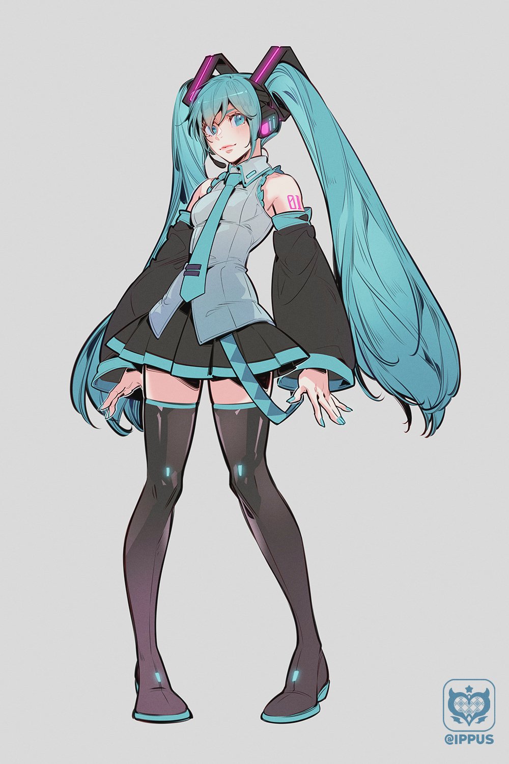 1girl, aqua_eyes, aqua_hair, aqua_nails, aqua_necktie, aqua_trim, arm_tattoo, bare_shoulders