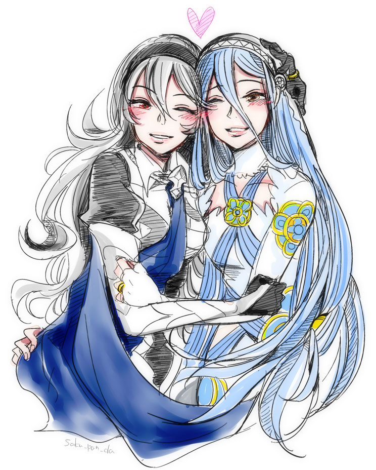2girls, azura_(fire_emblem), black_gloves, black_hairband, blue_eyes, blush, brown_eyes, commentary_request