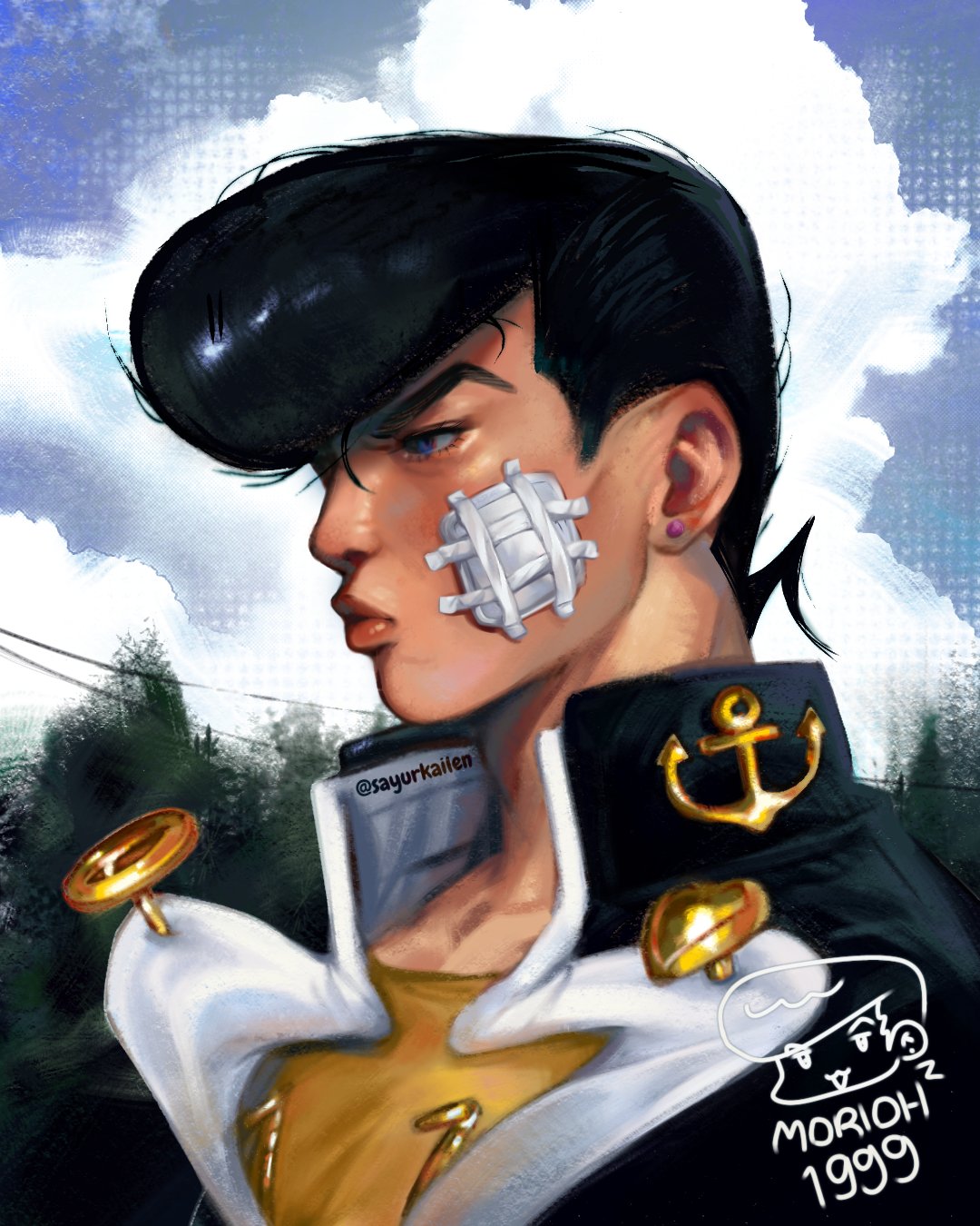 1boy, black_hair, clouds, commentary, day, diamond_wa_kudakenai, earrings, gauze