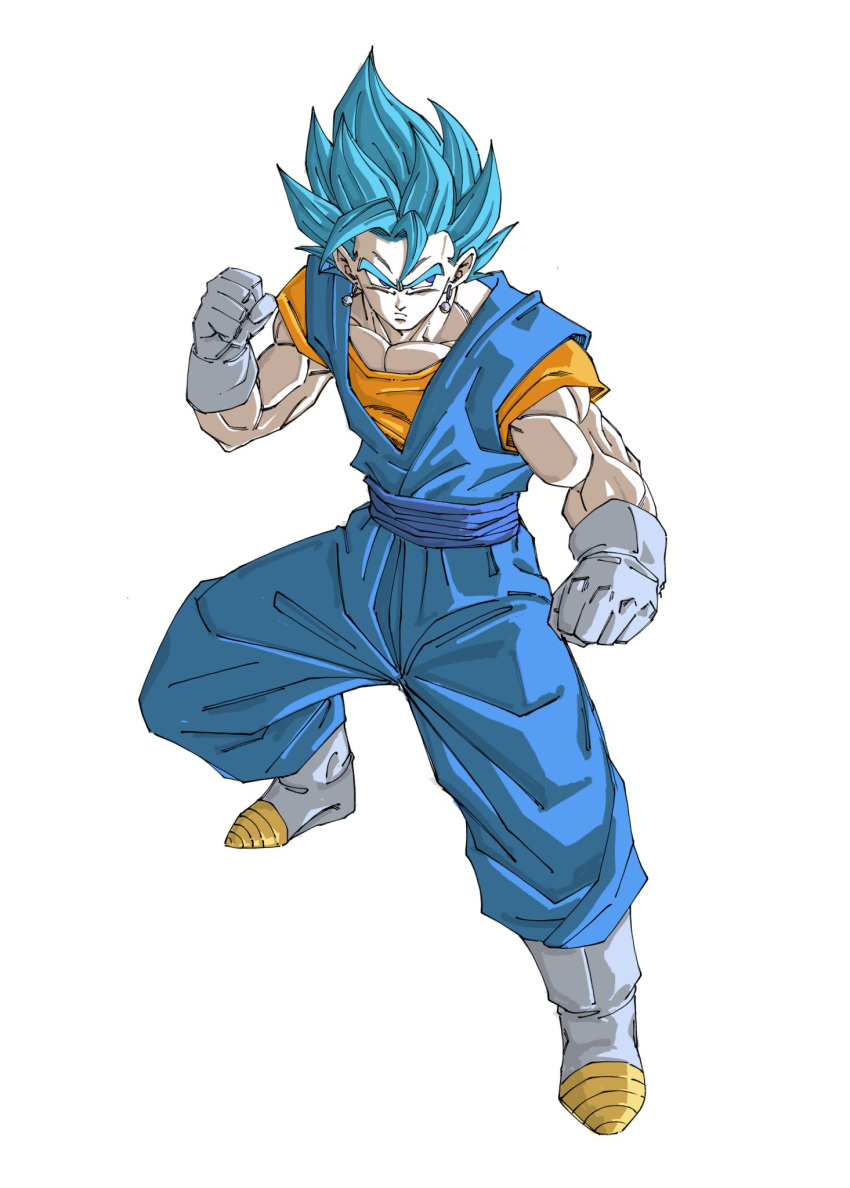 1boy, blue_eyes, blue_hair, blue_pants, blue_sash, blue_shirt, boots, clenched_hands