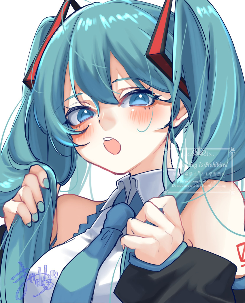 1girl, aqua_eyes, aqua_hair, aqua_nails, aqua_necktie, blush, breasts, commentary