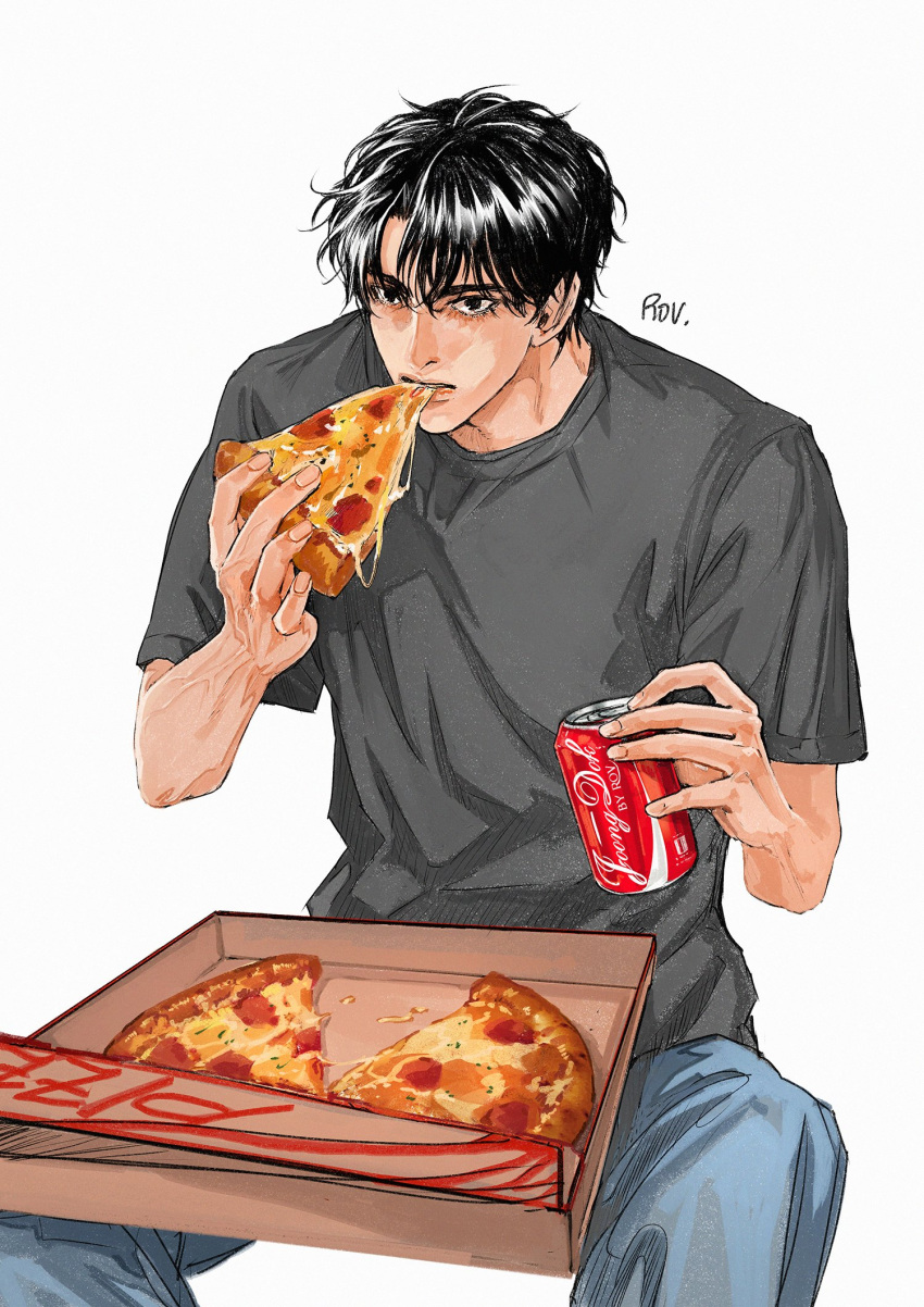 1boy, biting, black_eyes, black_hair, black_shirt, box_on_lap, can, cheese