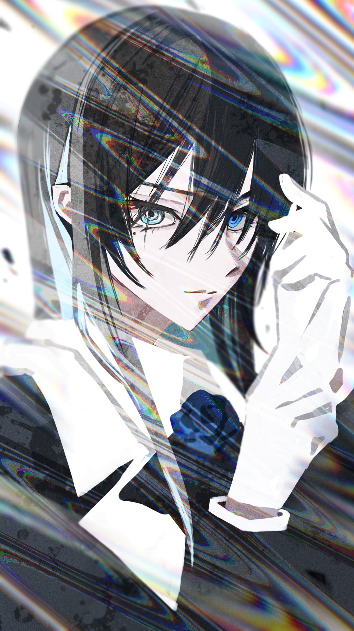 1girl, ado_(utaite), black_hair, blue_eyes, blue_flower, blue_hair, blue_rose, chando_(ado)