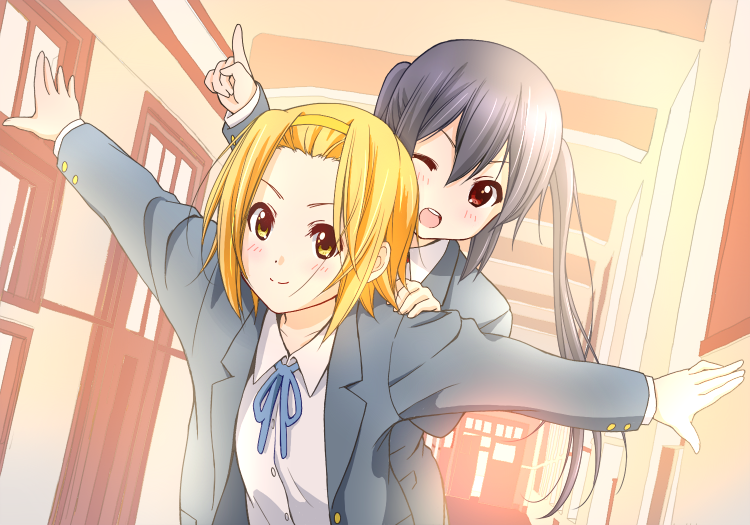 2girls, black_hair, blazer, blonde_hair, blue_ribbon, closed_mouth, collared_shirt, dot_nose