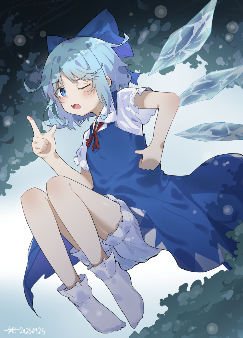 1girl, absurdres, bloomers, blue_bow, blue_dress, blue_eyes, blue_hair, blue_sky