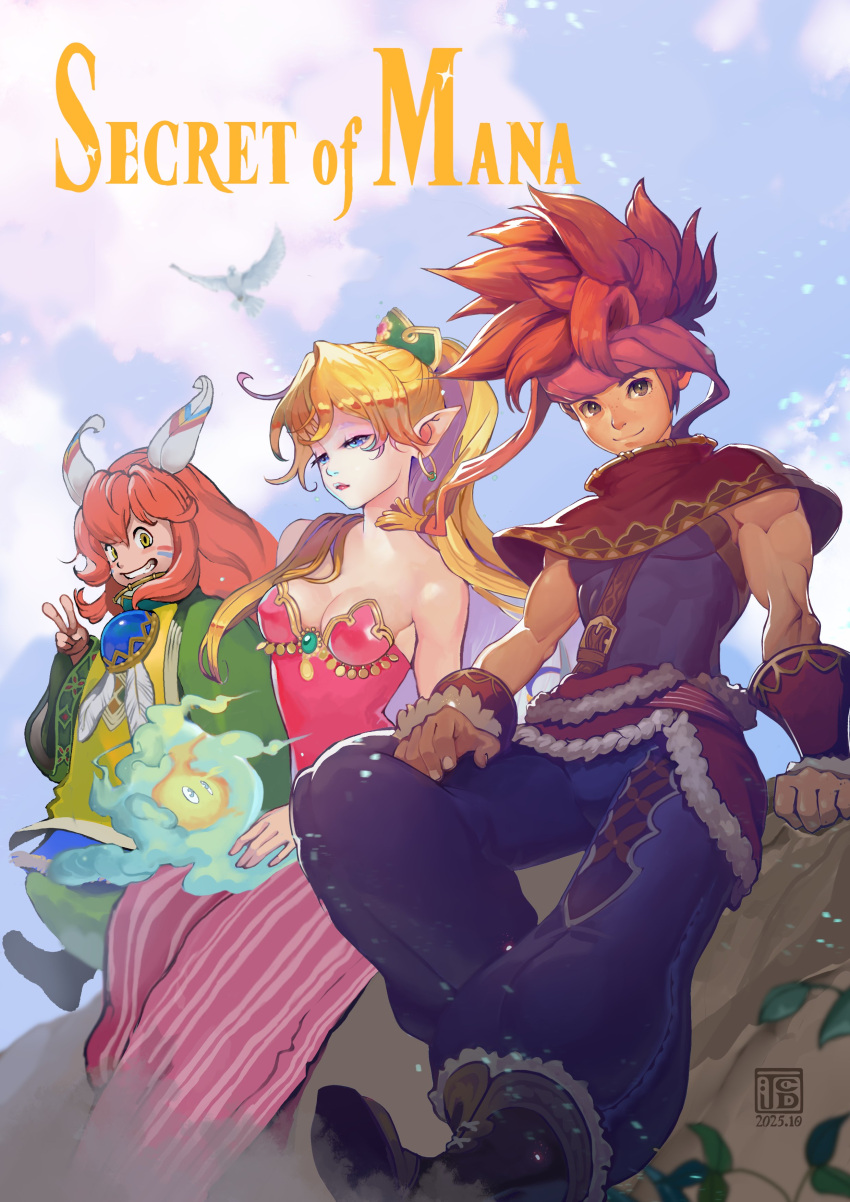 1boy, 2girls, absurdres, baggy_pants, bird, blonde_hair, blue_eyes, blue_pants