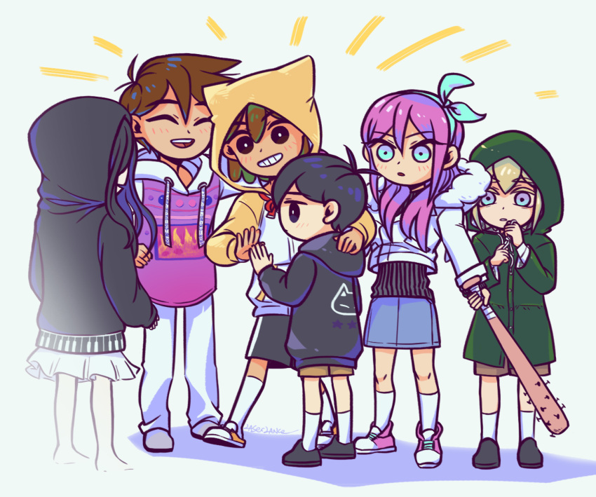 2girls, 4boys, ^_^, alternate_costume, antenna_hair, aubrey_(faraway)_(omori), aubrey_(omori), barefoot