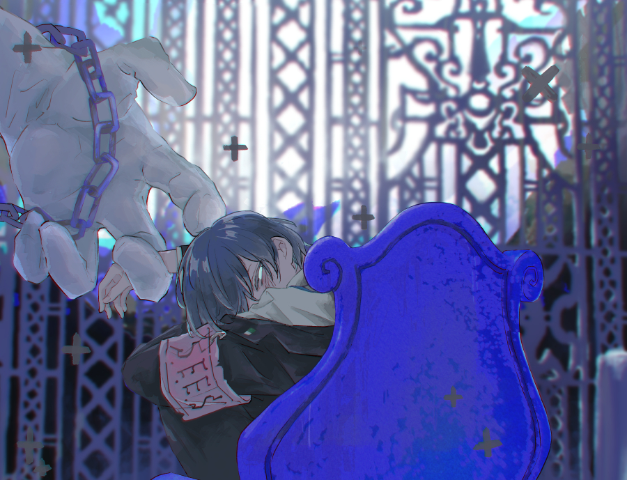 1boy, armband, black_jacket, black_pants, blue_hair, blurry, blurry_background, chain, chair, chromatic_aberration, commentary_request, covered_mouth, feet_out_of_frame, giant_hand, hair_over_one_eye, hand_up, head_on_knees, holding_another's_wrist, jacket, jacket_partially_removed, knees_to_chest, no_pupils, on_chair, out_of_frame, pants, persona, persona_3, red_armband, s.e.e.s, shirt, short_hair, sumino_suito, thanatos_(persona), velvet_room, white_eyes, white_shirt, yuuki_makoto_(persona_3)