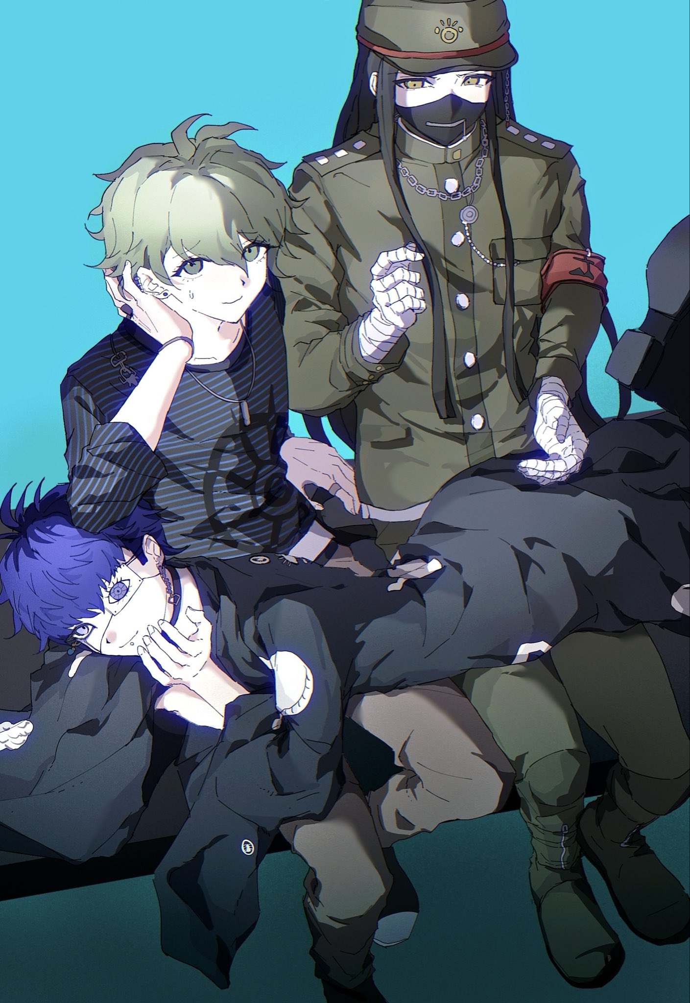 3boys, ahoge, amami_rantaro, antenna_hair, armband, bandaged_hand, bandages, black_hair, black_haori, black_mask, blue_background, blue_eyes, blue_hair, brown_pants, collared_jacket, commentary, covered_mouth, danganronpa_(series), danganronpa_v3:_killing_harmony, ear_piercing, eye_print, eyelashes, eyepatch, face_piercing, gakuran, green_hair, haidai_qingtang_(biology447), hair_between_eyes, haori, hat, highres, jacket, japanese_clothes, jewelry, long_hair, long_sleeves, looking_at_viewer, lying_on_person, male_focus, mask, mouth_mask, multicolored_hair, multiple_boys, multiple_piercings, omokage_yugamu, pants, piercing, print_eyepatch, red_armband, roots_(hair), school_uniform, shinguji_korekiyo, shirt, short_hair, simple_background, sitting, smile, striped_clothes, striped_shirt, the_hundred_line_-last_defense_academy-, vertical-striped_sleeves