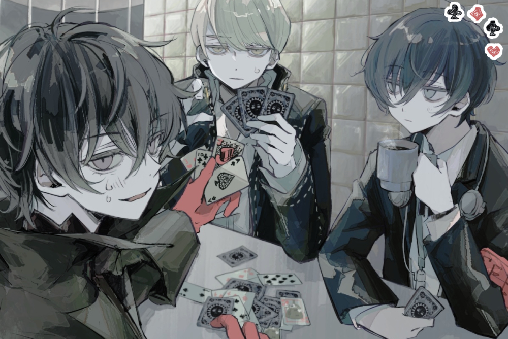 3boys, :|, ace_(playing_card), ace_of_spades, ahoge, amamiya_ren, arm_on_table, armband