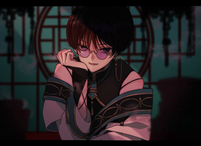 1boy, alternate_costume, aqua_trim, arm_cutout, bead_necklace, beads, bespectacled, black_bridal_gauntlets, black_hair, black_shirt, blunt_ends, blurry, blurry_background, bridal_gauntlets, chinese_clothes, choppy_bangs, clothing_cutout, earrings, eyelashes, genshin_impact, glasses, gold, gold_trim, hand_up, head_rest, highres, hoyofair, jewelry, long_sleeves, male_focus, mandarin_collar, mary1201kmgn, necklace, off_shoulder, open_mouth, pink-framed_eyewear, round_eyewear, scaramouche_(genshin_impact), semi-rimless_eyewear, shirt, smile, smoke, solo, spaghetti_strap, tassel, tassel_necklace, tsurime, upper_body, violet_eyes, wanderer_(genshin_impact), wanderer_(parallels_meet)_(genshin_impact), white_sleeves