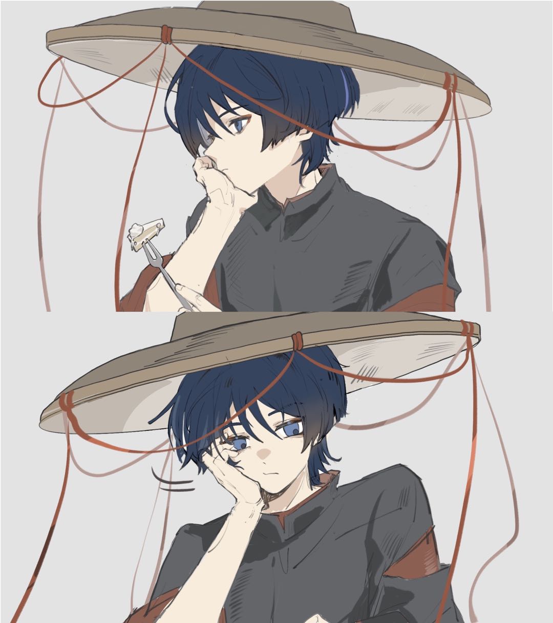 1boy, black_hair, black_sleeves, blue_eyes, blunt_ends, brown_hat, cake, cake_slice