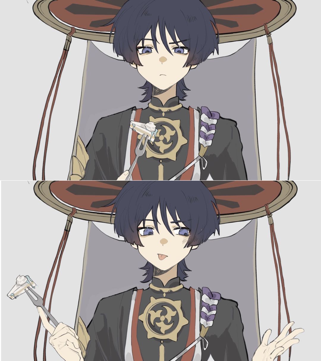 1boy, black_bodysuit, black_hair, black_kimono, black_sleeves, blunt_ends, bodysuit, cake