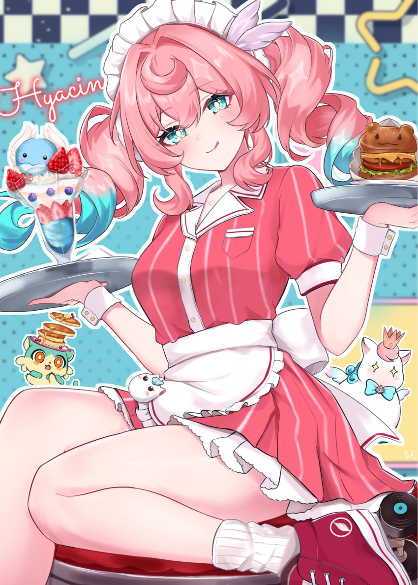 1girl, alternate_costume, apron, aqua_eyes, aqua_hair, breasts, burger, character_name