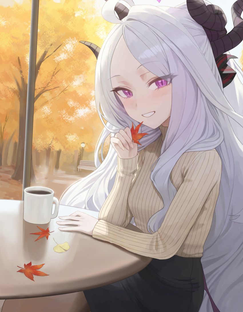 1girl, absurdres, ahoge, autumn, blue_archive, breasts, day, demon_girl
