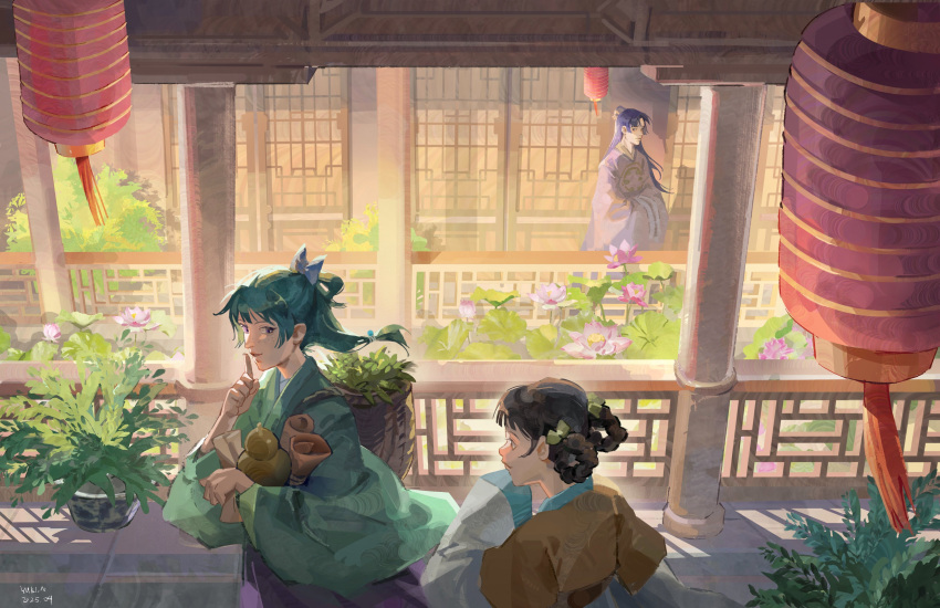 1boy, 2girls, absurdres, architecture, beads, blue_ribbon, blunt_bangs, braid