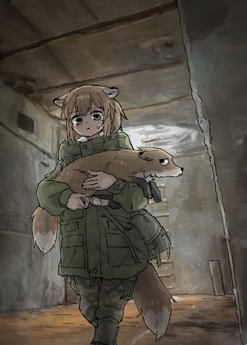 1girl, :<, absurdres, animal, animal_ears, bag, bandaged_leg, bandages