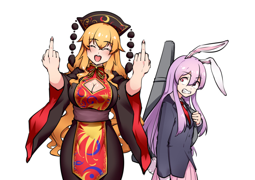 2girls, absurdres, animal_ears, black_dress, black_hat, black_jacket, breasts, buttons