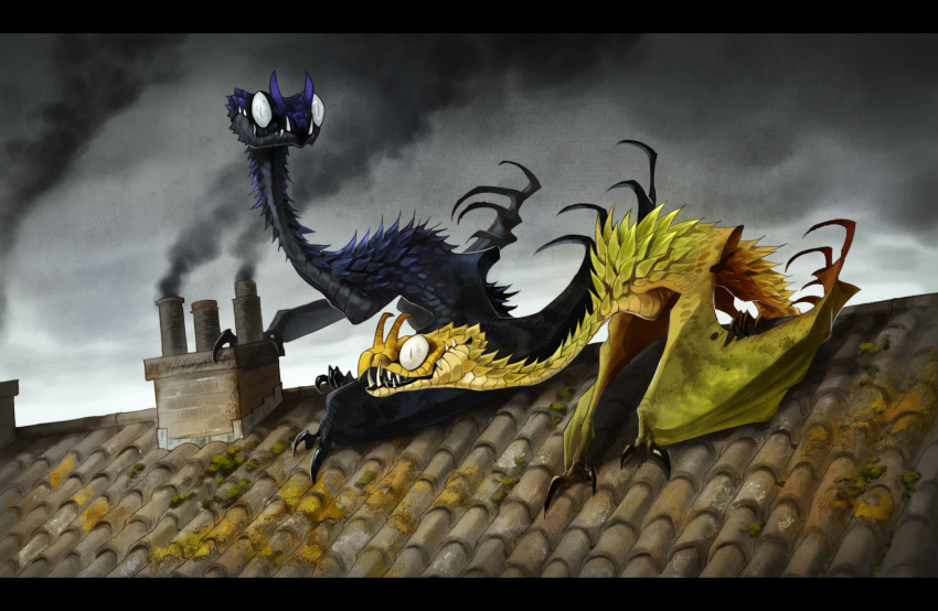 animal, animal_focus, black_dragon, black_scales, black_wings, chimney, claws, dragon
