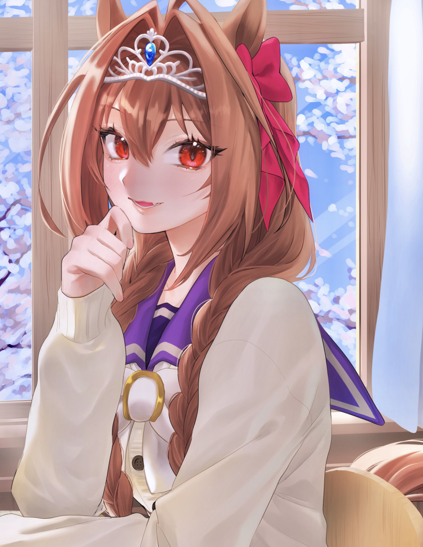 1girl, absurdres, animal_ears, blush, bow, bowtie, breasts, brown_hair