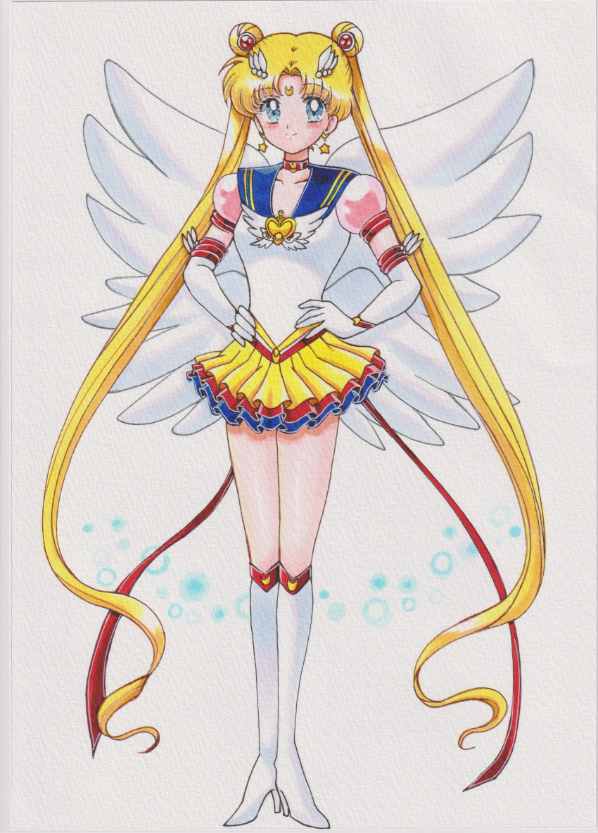 absurdres, bishoujo_senshi_sailor_moon, bishoujo_senshi_sailor_moon_stars, blonde_hair, blue_eyes, blue_sailor_collar, blue_skirt, boots, brooch, chikoto_(kztc4472), choker, collarbone, crescent, crescent_earrings, crescent_facial_mark, double_bun, earrings, elbow_gloves, eternal_sailor_moon, facial_mark, forehead_mark, full_body, gloves, hair_bun, hair_ornament, heart, heart_brooch, highres, jewelry, knee_boots, layered_skirt, long_hair, magical_girl, pink_sleeves, puffy_short_sleeves, puffy_sleeves, red_choker, red_skirt, sailor_collar, sailor_moon, sailor_senshi, sailor_senshi_uniform, short_sleeves, skirt, star_(symbol), star_earrings, traditional_media, tsukino_usagi, twintails, white_boots, white_gloves, wing_brooch, wings, yellow_skirt