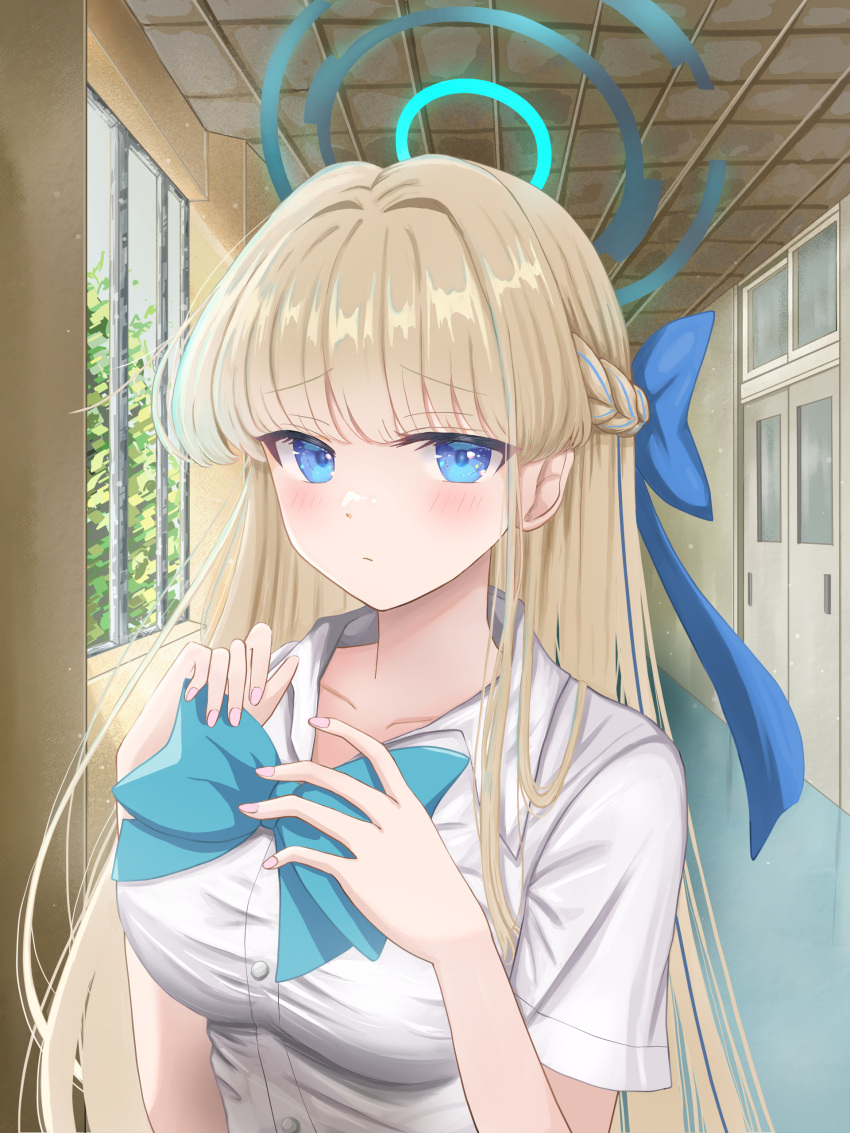 a_ekoa, absurdres, aqua_bow, aqua_bowtie, blonde_hair, blue_archive, blue_bow, blue_eyes