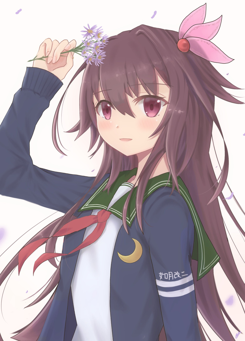 1girl, absurdres, blue_jacket, brown_hair, commentary_request, crescent, crescent_pin, flower