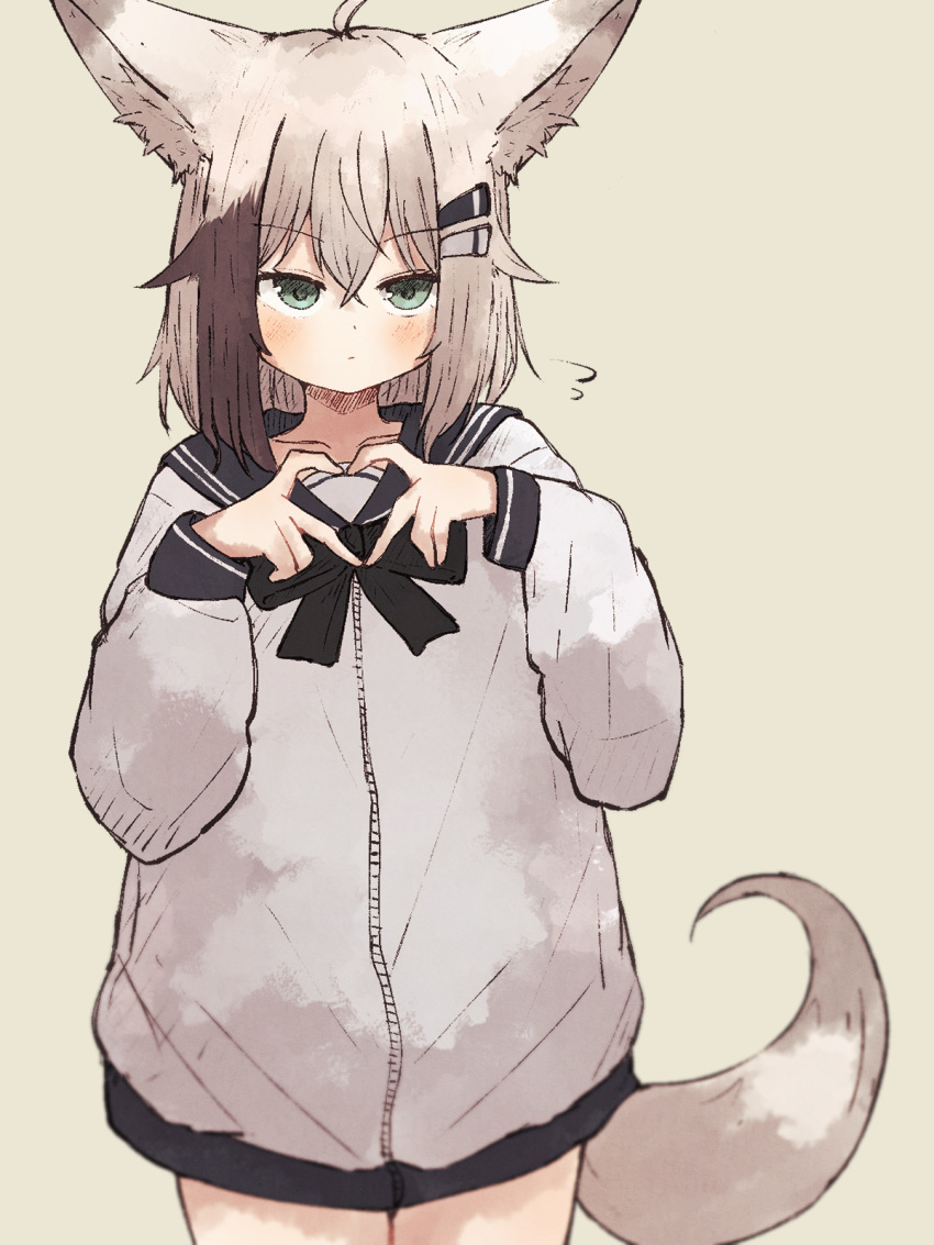 1girl, animal_ears, closed_mouth, four-finger_heart_hands, fox_ears, fox_girl, fox_tail, green_eyes
