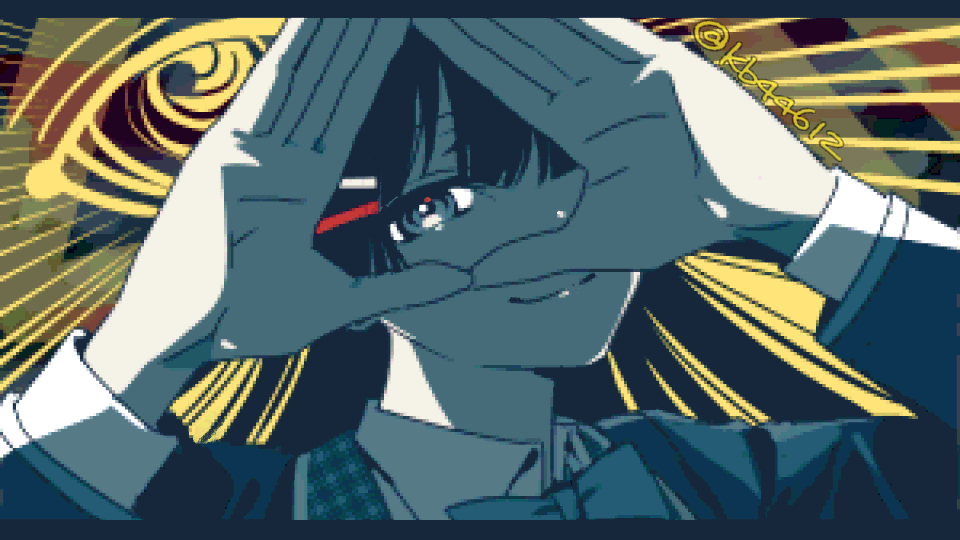1girl, closed_mouth, eye_of_providence, hair_ornament, hairclip, hands_up, hashtag-only_commentary, jaggy_lines