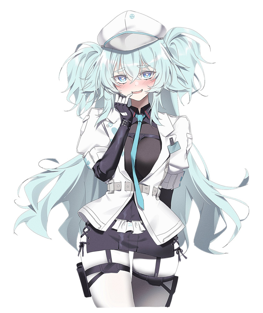 1girl, :3, :d, arm_behind_back, belt, black_gloves, black_skirt, blue_eyes, blue_hair, blue_necktie, breasts, cross-laced_clothes, cross-laced_skirt, elbow_gloves, fang, finger_to_mouth, fingerless_gloves, florence_(girls'_frontline_2), girls'_frontline_2:_exilium, girls_frontline, gloves, hair_between_eyes, hand_up, hat, heart, heart-shaped_pupils, highres, hip_focus, holster, id_card, jacket, lemonisblue, long_hair, medium_breasts, miniskirt, necktie, open_clothes, open_jacket, pa-15_(girls'_frontline), pantyhose, seductive_smile, short_sleeves, skirt, smile, solo, standing, symbol-shaped_pupils, thigh_holster, thighs, very_long_hair, white_hat, white_jacket
