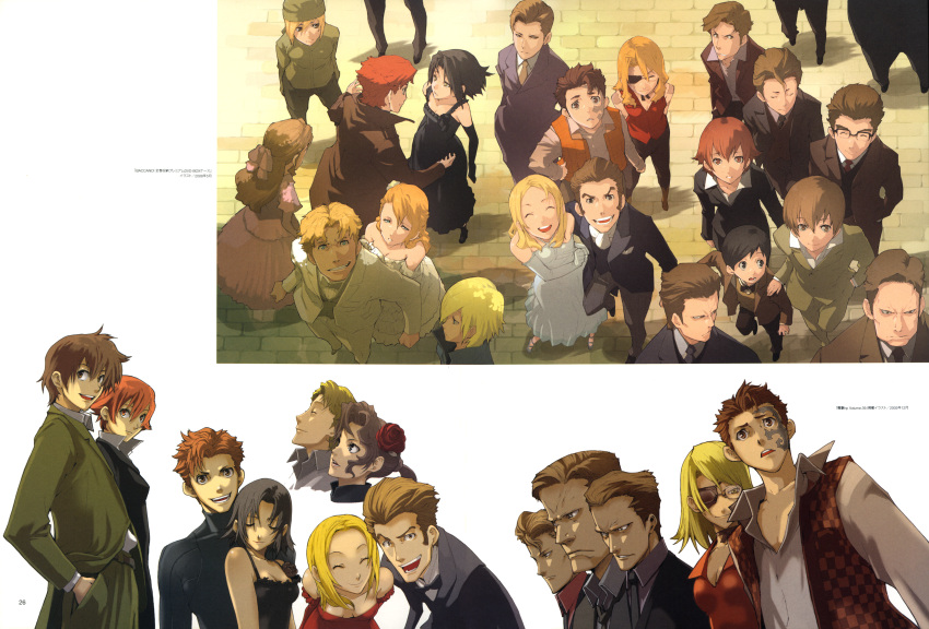 baccano!, berga_gandor, black_hair, blonde_hair, blue_eyes, brothers, brown_hair, chane_laforet, child, claire_stanfield, closed_eyes, czeslaw_meyer, dallas_genoard, dress, enami_katsumi, ennis, eve_genoard, everyone, eyepatch, eyes_closed, firo_prochainezo, flower, formal, glasses, gloves, graham_specter, graham_spector, happy, highres, homunculus, isaac_dian, jacuzzi_splot, ladd_russo, long_hair, looking_up, lua_klein, luck_gandor, maiza_avaro, maria_barcelito, miria_harvent, necktie, nice_holystone, official_art, rachel, rachel_(baccano!), ribbon, ronnie_sukiart, siblings, smile, suit, tattoo, yellow_eyes