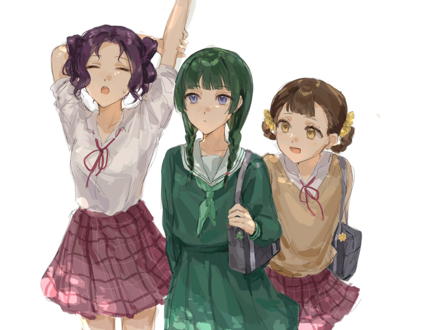 3girls, bag, blue_eyes, blunt_bangs, braid, braided_hair_rings, breasts, brown_eyes