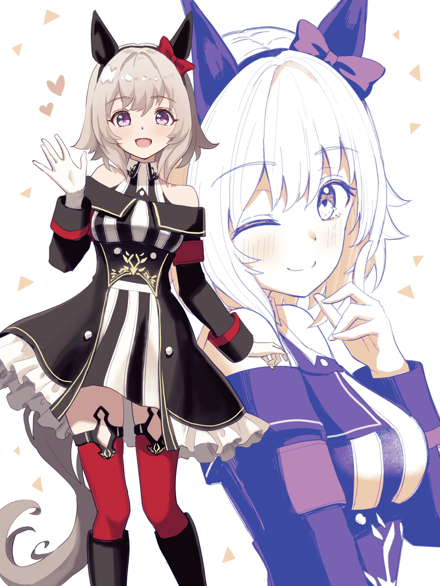 1girl, :d, ;), animal_ears, bare_shoulders, black_boots, boots, bow, commentary_request, cowboy_shot, curren_chan_(fille_eclair)_(umamusume), curren_chan_(umamusume), dress, ear_bow, ear_covers, gloves, grey_hair, highres, horse_ears, horse_girl, horse_tail, long_sleeves, looking_at_viewer, off-shoulder_dress, off-shoulder_jacket, off_shoulder, one_eye_closed, partial_commentary, red_bow, red_thighhighs, shiroiro_en, short_hair, smile, striped_clothes, striped_dress, tail, thigh-highs, umamusume, vertical-striped_clothes, vertical-striped_dress, violet_eyes, white_gloves