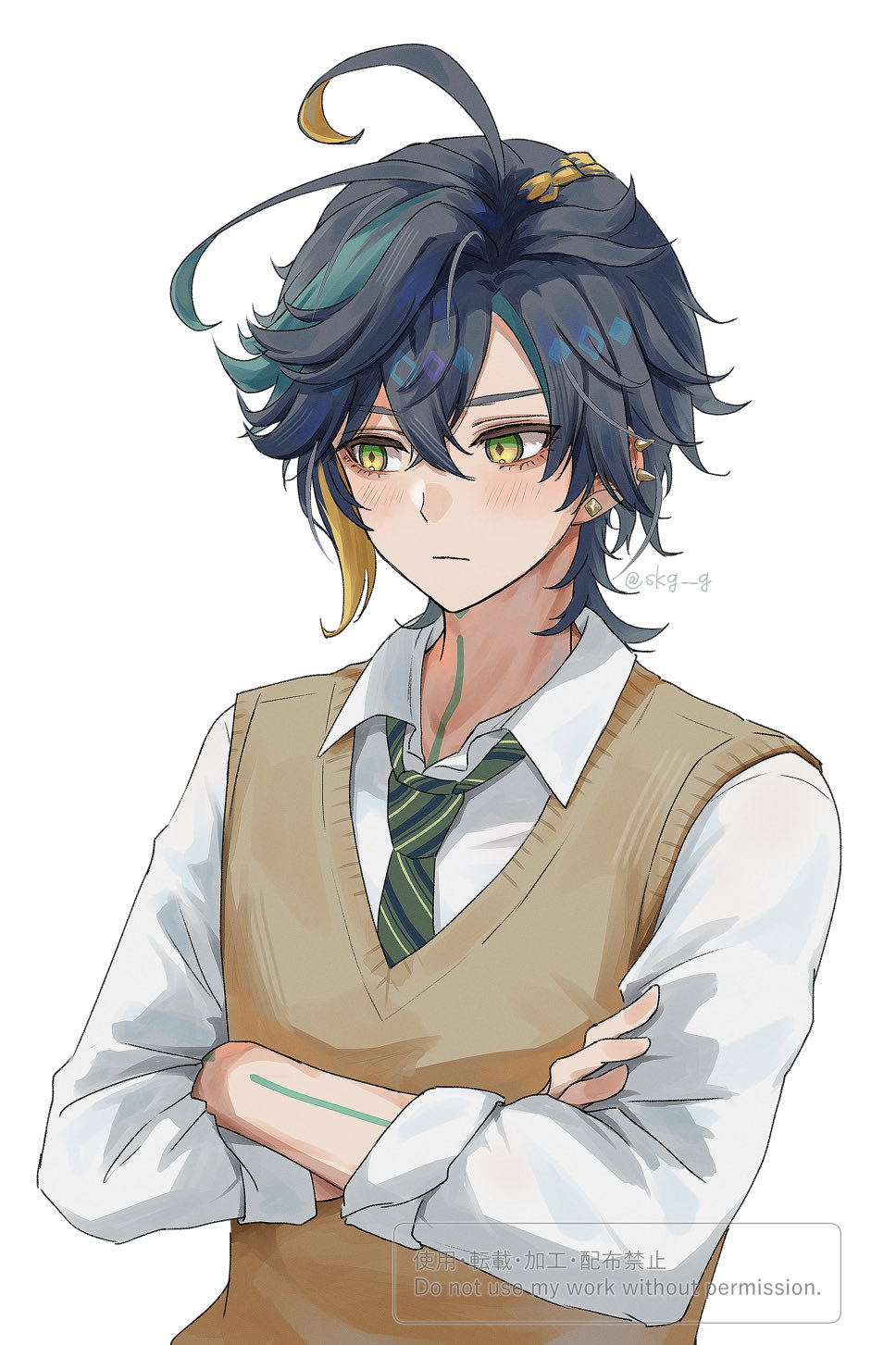 1boy, antenna_hair, black_hair, blonde_hair, blush, brown_sweater_vest, closed_mouth, collared_shirt