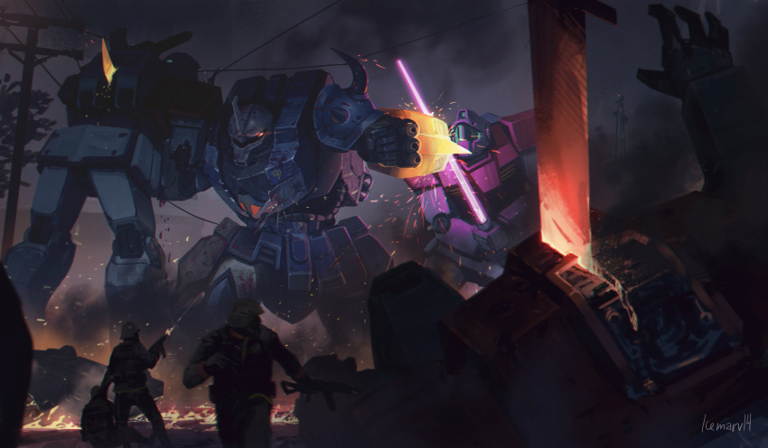 3boys, absurdres, arm_shield, artist_name, assault_visor, car, commentary, commission