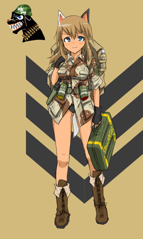 backpack, bad_id, bag, beretta_92, blue_eyes, boots, bottle, bow