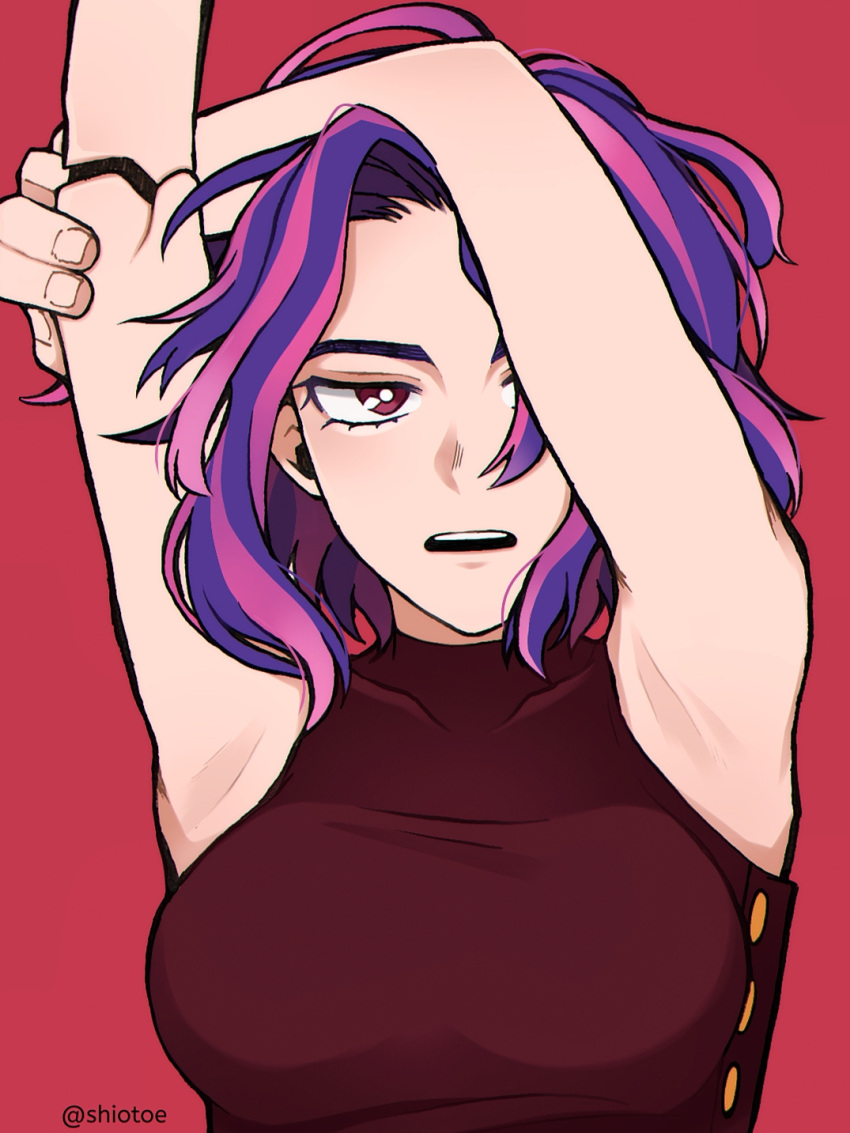 1girl, arm_above_head, armpits, artist_name, boku_no_hero_academia, dress, highres, holding_own_arm, lady_nagant, multicolored_hair, open_mouth, pink_eyes, pink_hair, pink_streaks, purple_hair, red_background, shio_to_no_soko, short_hair, sleeveless, sleeveless_dress, twitter_username