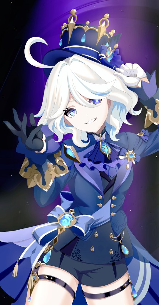 1girl, ahoge, ascot, asymmetrical_gloves, black_gloves, black_shorts, blue_ascot, blue_eyes