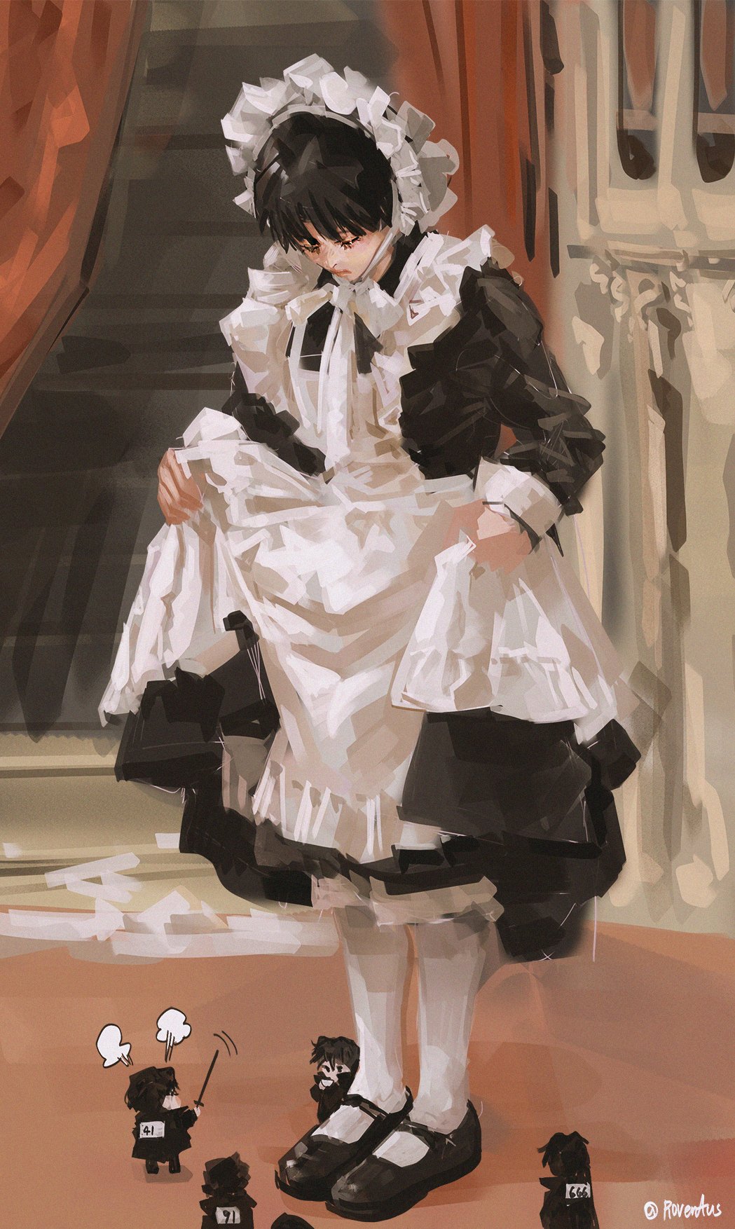 5boys, apron, black_dress, black_eyes, clothes_lift, curtains, dress, dress_lift, expressionless, full_body, giant, highres, indoors, kim_dokja, layered_dress, looking_down, maid, maid_apron, maid_headdress, mini_person, miniboy, multiple_boys, multiple_persona, neck_ribbon, omniscient_reader's_viewpoint, painterly, ribbon, roventus, sandals, socks, standing, waving, white_dress, white_socks, yoo_joonghyuk