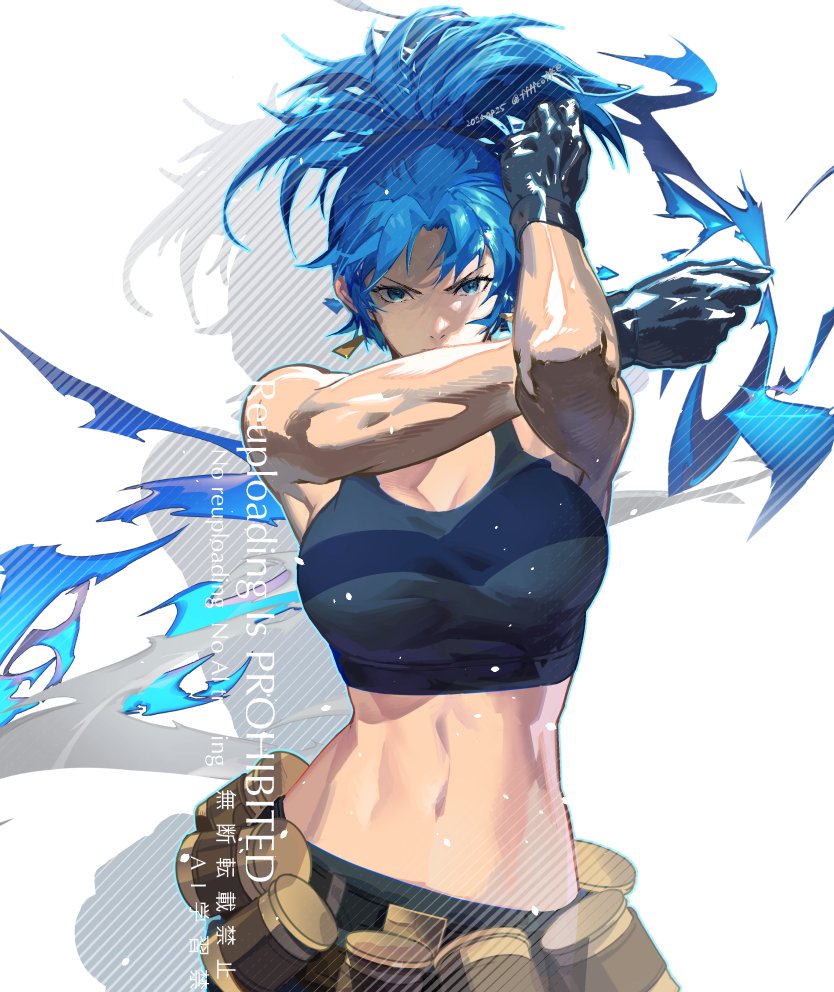 1girl, ammunition_belt, arm_across_neck, arms_across_body, bare_shoulders, black_tank_top, blue_eyes, blue_hair, breasts, cofffee, earrings, gloves, jewelry, leona_heidern, midriff, navel, ponytail, solo, tank_top, the_king_of_fighters, the_king_of_fighters_xiii, toned, toned_female, triangle_earrings, watermark