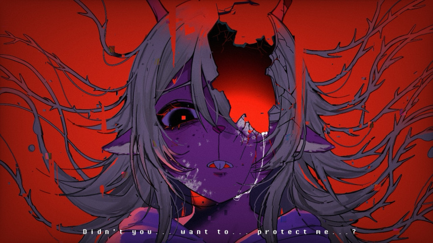 1girl, animal_ears, black_eyes, blonde_hair, blood, commentary, cracked_skin, crumbling, deer_ears, deer_girl, deltarune, english_commentary, english_text, floating_hair, furry, furry_female, highres, marshmallow_(vocaloid), noelle_holiday, portrait, red_background, red_pupils, solo, ssyyk1sk, tears, utdr_(toby_fox), weird_route_(deltarune)