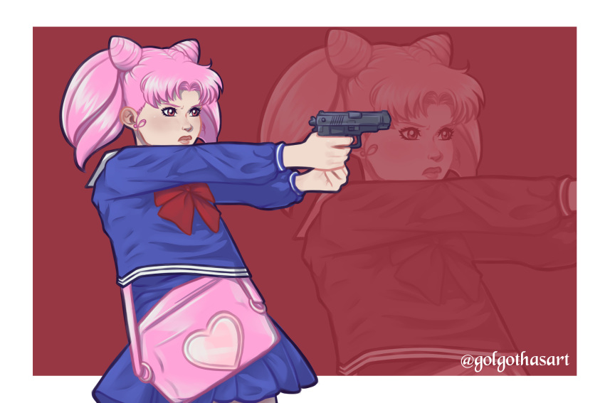 absurdres, bishoujo_senshi_sailor_moon, bishoujo_senshi_sailor_moon_r, blue_sailor_collar, blue_skirt, chibi_usa, cone_hair_bun, double_bun, facial_mark, gloves, golgothasart, gun, hair_bun, highres, holding, holding_gun, holding_weapon, juuban_elementary_school_uniform, pink_bag, pink_hair, red_eyes, sailor_collar, sailor_senshi_uniform, school_uniform, serafuku, short_hair, skirt, twintails, weapon
