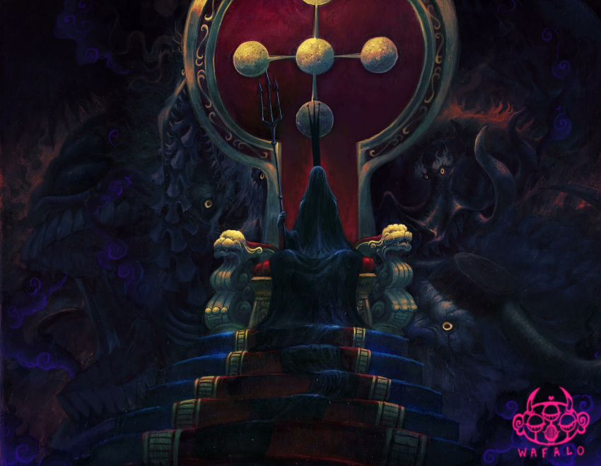 1other, 5boys, acrylic_paint_(medium), artist_logo, bakotsu_(youkai), black_robe, black_veil, boar, colored_sclera, crown, curled_tusks, english_commentary, ethan-baron_v._nusjuro, gorosei, hagoromo, highres, holding, holding_polearm, holding_weapon, horns, imu_(one_piece), itsumade_(youkai), jaygarcia_saturn, logo, looking_at_viewer, marcus_mars, monster, multiple_boys, one_piece, painting_(medium), polearm, red_eyes, robe, sharp_teeth, shawl, shepherd_ju_peter, sitting_on_throne, stairs, tall_crown, teeth, topman_warcury, traditional_media, trident, tusks, ushi-oni_(youkai), veil, very_long_robe, very_long_veil, wafalo, weapon, yellow_sclera