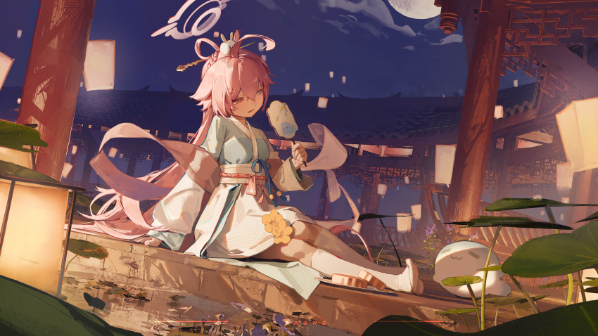 1girl, absurdres, ahoge, alternate_costume, architecture, blue_archive, blue_eyes, chinese_clothes, east_asian_architecture, fried_frog, full_body, full_moon, hair_between_eyes, hair_ornament, halo, hand_fan, hanfu, heterochromia, highres, holding, holding_fan, hoshino_(blue_archive), long_hair, long_sleeves, moon, night, night_sky, on_roof, open_mouth, outdoors, pink_hair, pink_halo, sash, sitting, skirt, sky, socks, solo, white_socks, yellow_eyes