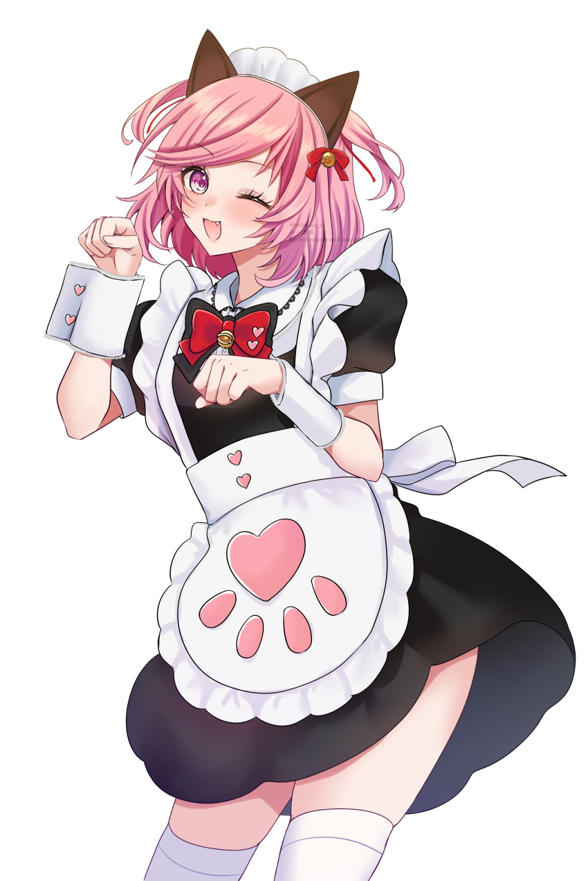 1girl, ;d, absurdres, alternate_costume, animal_ear_hairband, animal_ears, apron, bell