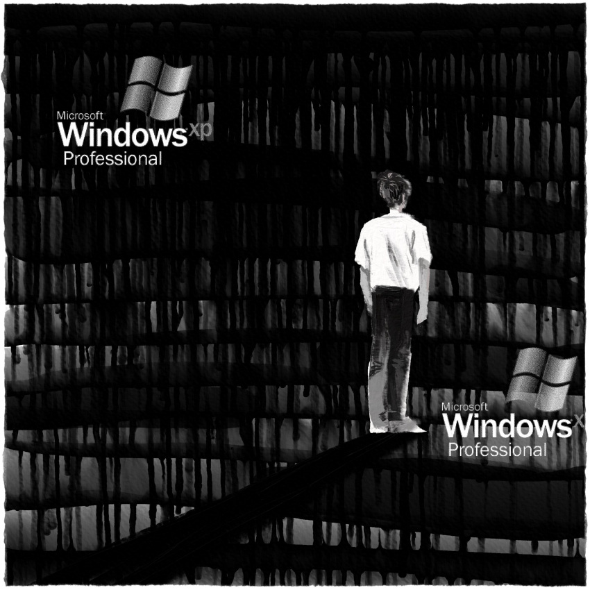 1boy, absurdres, awl_inthe_world, black_hair, black_pants, border, facing_away, from_behind